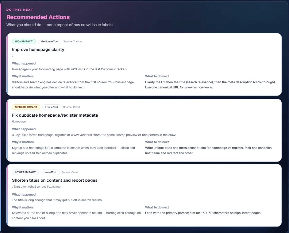 Recommended actions workspace in Commit Happens